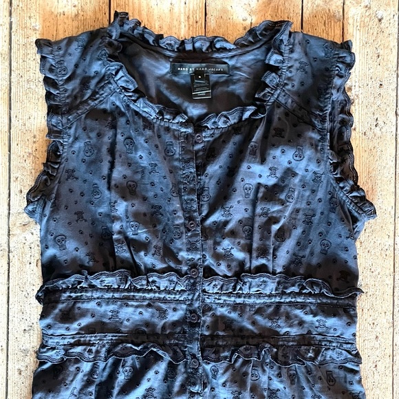 Marc by Marc Jacobs Sugar Skull Embroidered Ruffle Dress Navy Size 8 Cotton - Picture 2 of 8